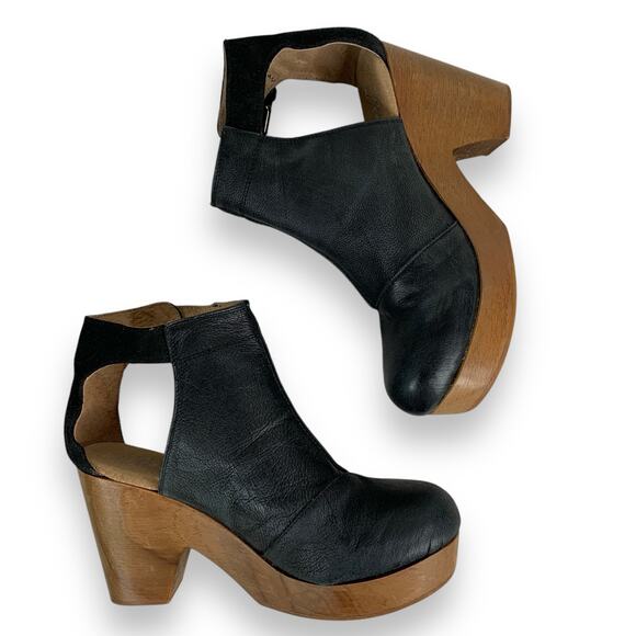 Free People Clogs Sz 37 US 6.5 7 Amber Orchard Clog Wood Platform Leather Black - Picture 3 of 13